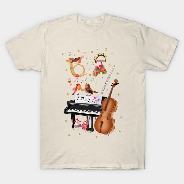 Christmas with singing birds and lots of music instruments T-Shirt by CalliLetters